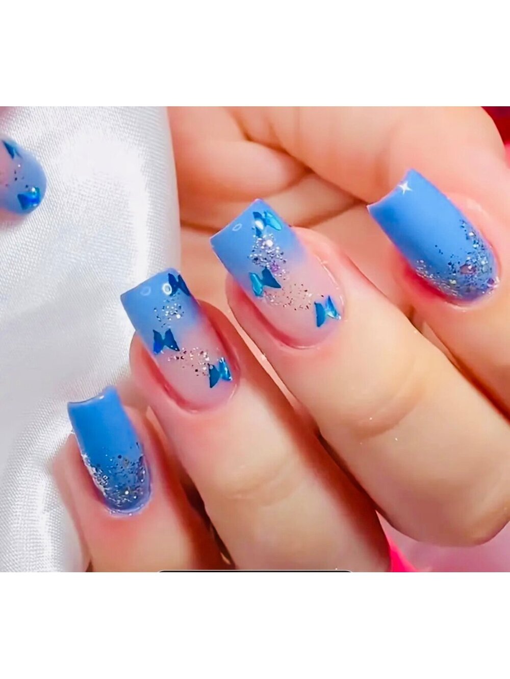 New - 24pcs Vibrant Blue Glittery Square Glossy -Reusable - Press-On-Nails